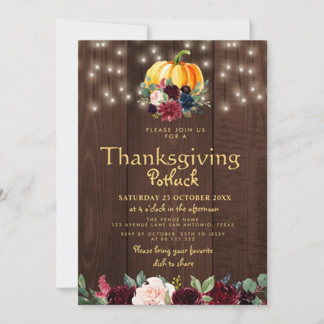 Rustic watercolor floral thanksgiving potluck invitation (Front)