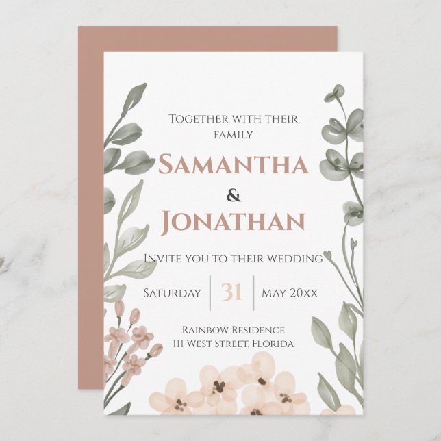 Rustic Watercolor Floral Wedding Invitation (Front/Back)