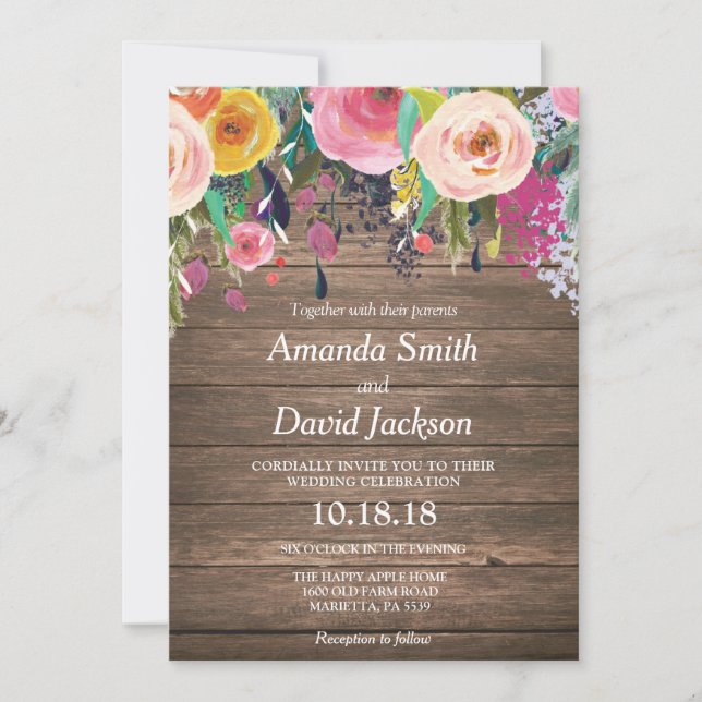 Rustic Watercolor Floral Wedding Invitation (Front)