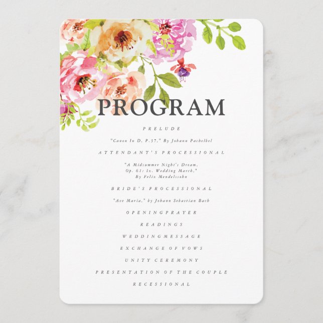 Rustic Watercolor Floral Wedding Program (Front)