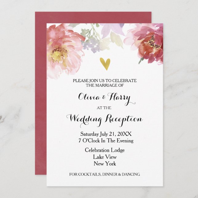 Rustic Watercolor Floral Wedding Reception Card (Front/Back)