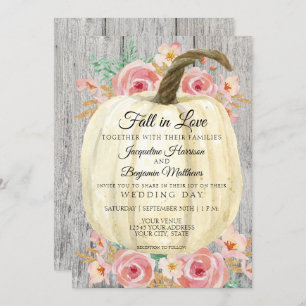 Rustic Watercolor Floral White Pumpkin n Grey Wood Invitation