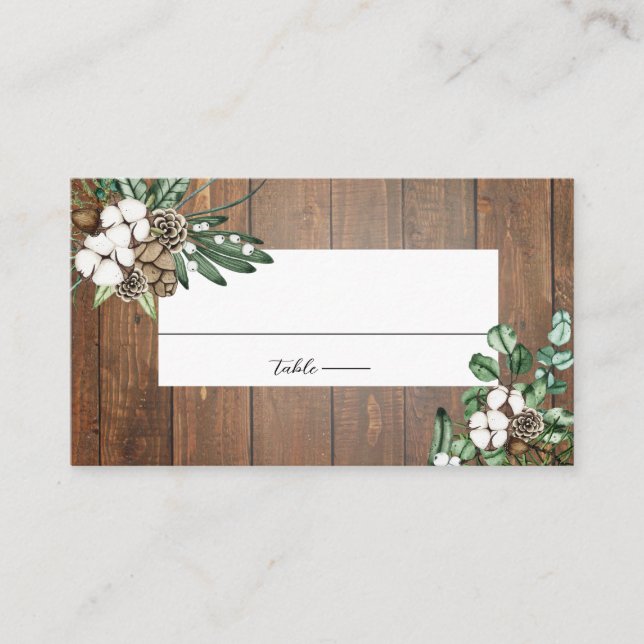 Rustic Watercolor Floral Winter Wedding Place Card (Front)