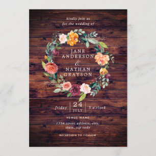 Rustic Watercolor Floral Wreath Wedding Invitation