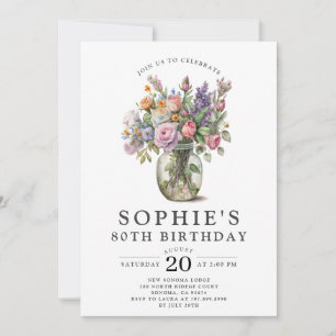 Rustic Watercolor Flowers 80th Birthday Invitation