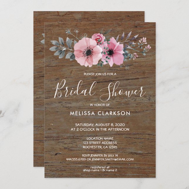 Rustic watercolor flowers barn wood Bridal Shower  Invitation (Front/Back)