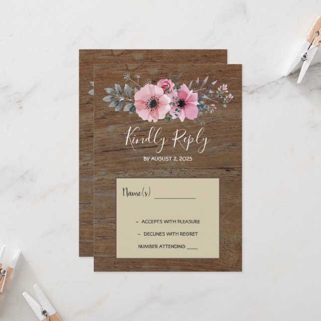 Rustic watercolor flowers barn wood wedding RSVP Invitation (Front/Back In Situ)