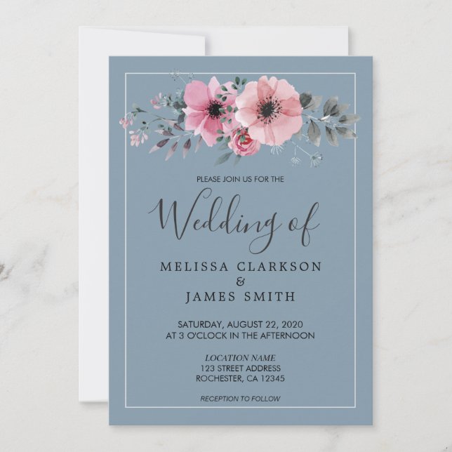 Rustic watercolor flowers dusty blue Wedding Invitation (Front)