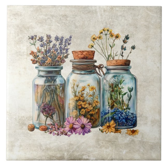 Rustic Watercolor Flowers in Jars  Ceramic Tile (Front)
