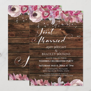 Rustic Watercolor Flowers & Lights Just Married Invitation