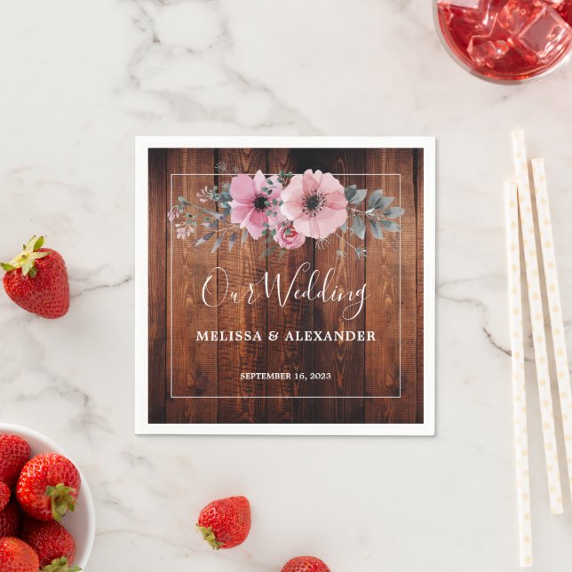 Rustic watercolor flowers on barn wood Wedding Napkin (Insitu)