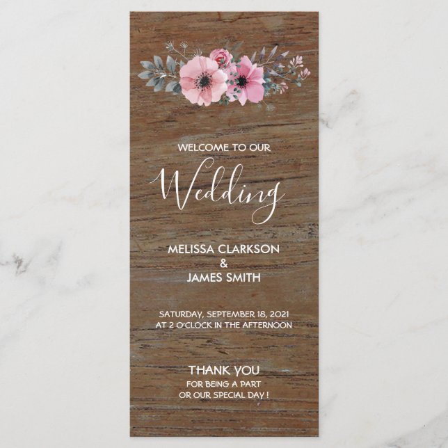 Rustic watercolor flowers on barn wood wedding program (Front)