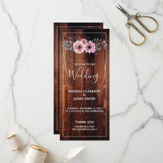 Rustic watercolor flowers on barn wood wedding program (Front/Back In Situ)