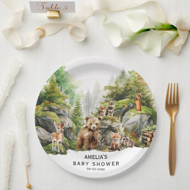 Rustic Watercolor Forest Animals Baby Shower Paper Plate (Wedding)
