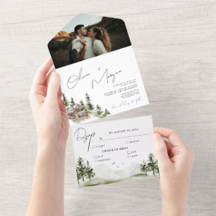 Rustic Watercolor Forest Destination Photo Wedding All In One Invitation