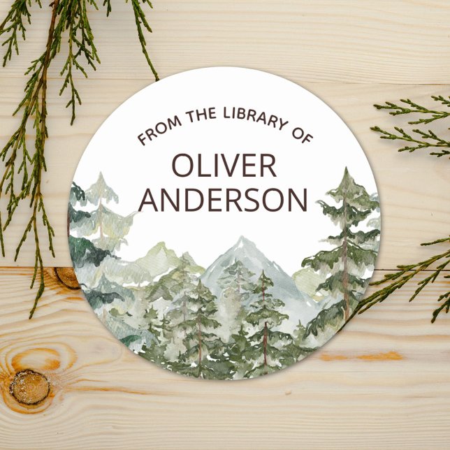 Rustic Watercolor Forest & Mountain Bookplate Classic Round Sticker (In situ)