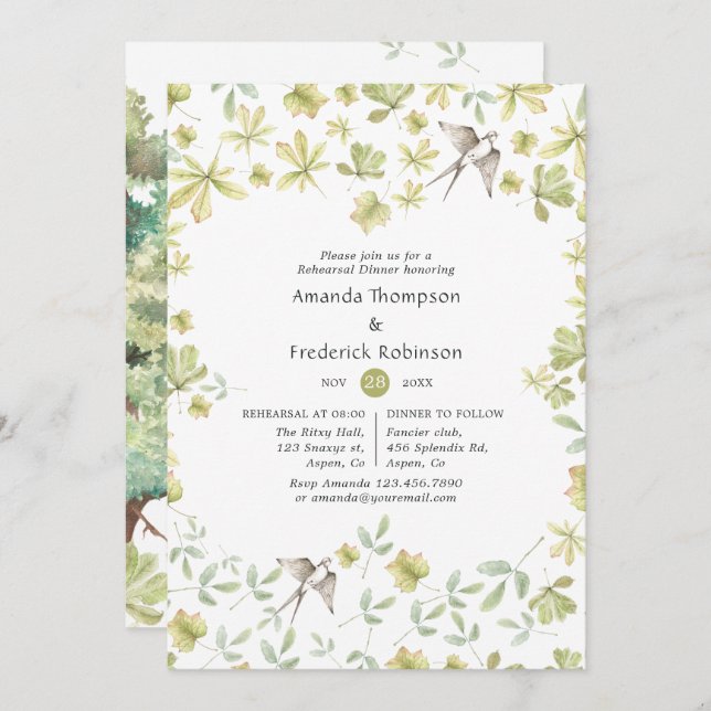 Rustic Watercolor Forest Rehearsal Dinner Invitation (Front/Back)