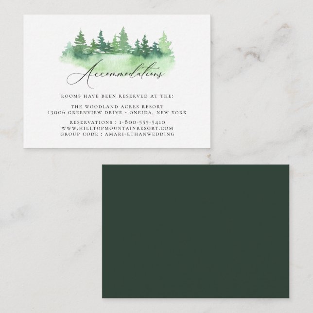 Rustic Watercolor Forest Wedding Accommodations Enclosure Card (Front/Back)