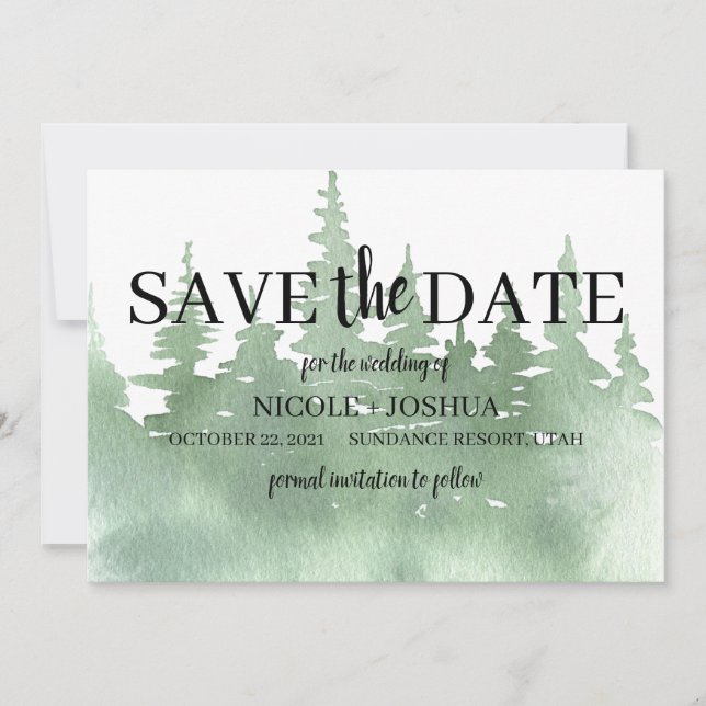 Rustic Watercolor Forest Wedding Save the Date (Front)