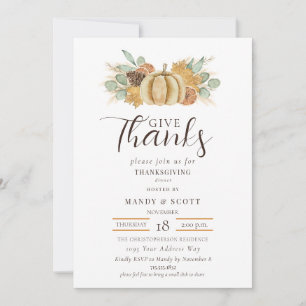 Rustic Watercolor Give Thanks Thanksgiving Dinner Invitation