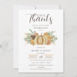 Rustic Watercolor Give Thanks Thanksgiving Dinner Invitation
