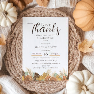 Rustic Watercolor Give Thanks Thanksgiving Dinner Invitation