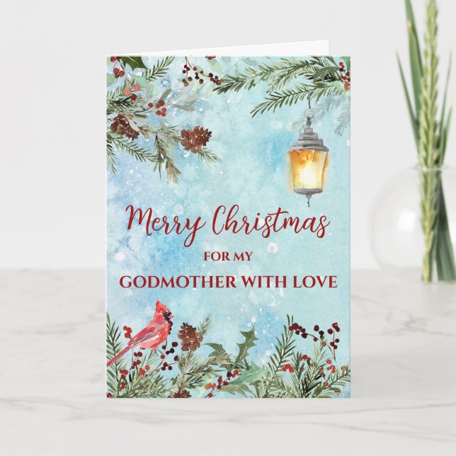 Rustic Watercolor Godmother Merry Christmas Card (Front)