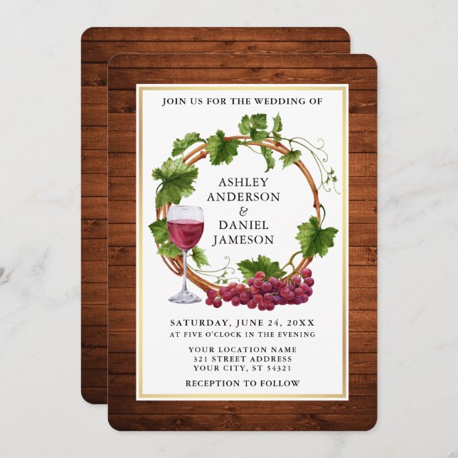 Rustic Watercolor Grape Vines Wood Wreath Wedding Invitation (Front/Back)