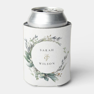 Rustic Watercolor Green Foliage Wreath Wedding Can Cooler