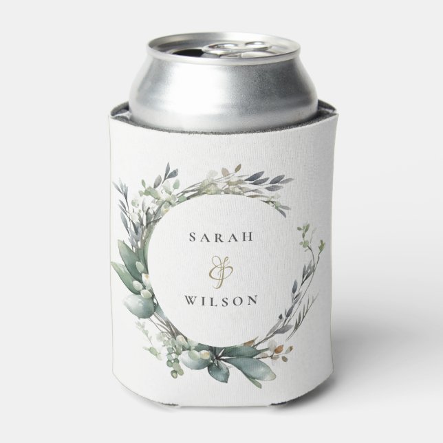 Rustic Watercolor Green Foliage Wreath Wedding Can Cooler (Can Front)