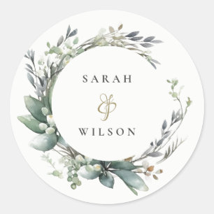 Rustic Watercolor Green Foliage Wreath Wedding Classic Round Sticker
