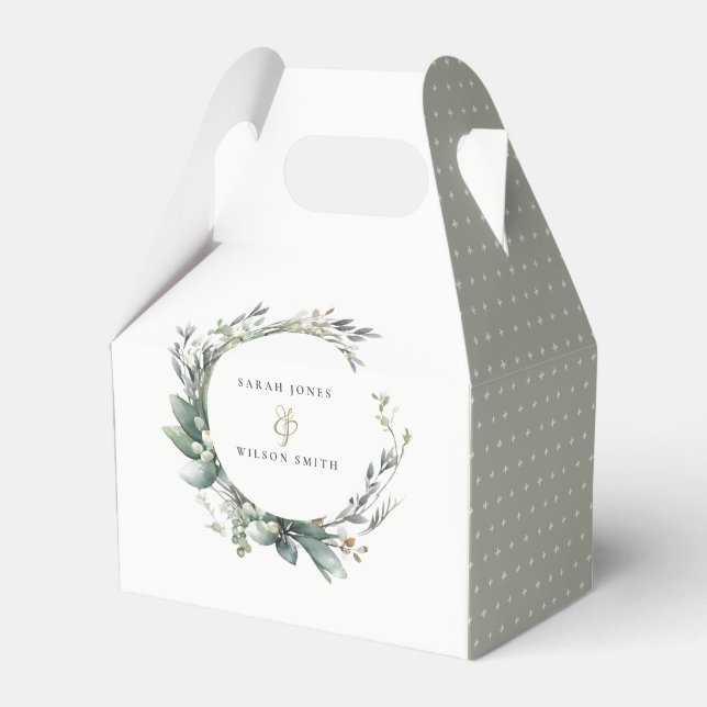 Rustic Watercolor Green Foliage Wreath Wedding Favour Box (Front Side)
