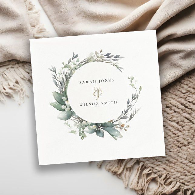 Rustic Watercolor Green Foliage Wreath Wedding Napkin (Creator Uploaded)