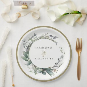 Rustic Watercolor Green Foliage Wreath Wedding Paper Plate