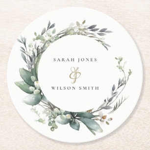 Rustic Watercolor Green Foliage Wreath Wedding Round Paper Coaster