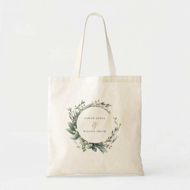 Rustic Watercolor Green Foliage Wreath Wedding Tote Bag (Front)