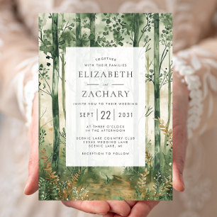 Rustic Watercolor Green Gold Woodland Wedding Invitation