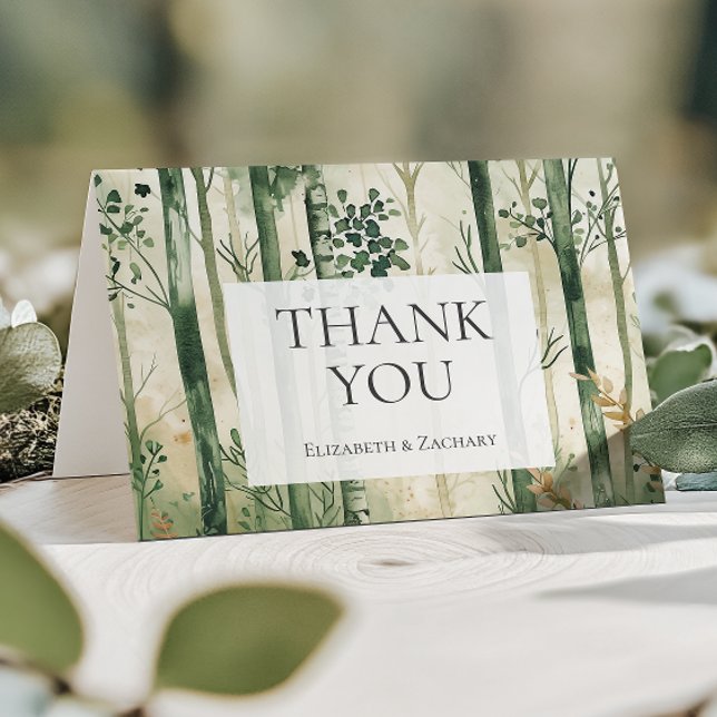 Rustic Watercolor Green Gold Woodland Wedding Thank You Card (Creator Uploaded)