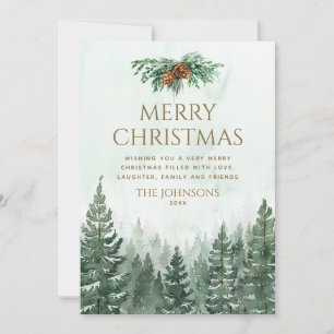 Rustic Watercolor Green Pine Tree Forest Christmas Holiday Card