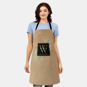 Rustic Watercolor Greenery Black Gold Monogram Apron