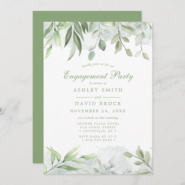 Rustic Watercolor Greenery Floral Engagement Party Invitation (Front/Back)