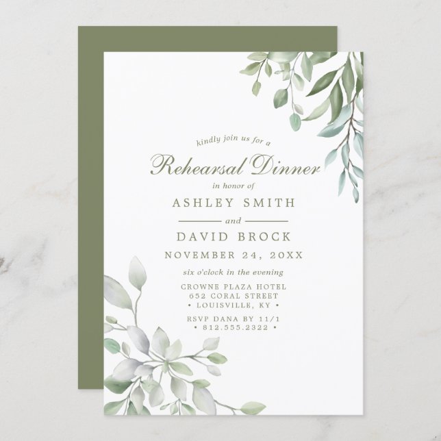 Rustic Watercolor Greenery Floral Rehearsal Dinner Invitation (Front/Back)
