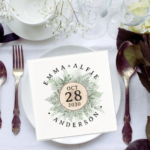 Rustic Watercolor Greenery Floral Wood Wedding Napkin