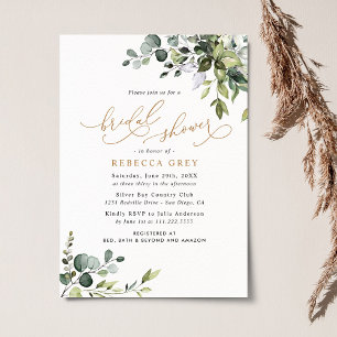 Rustic Watercolor Greenery Gold Bridal Shower Invitation