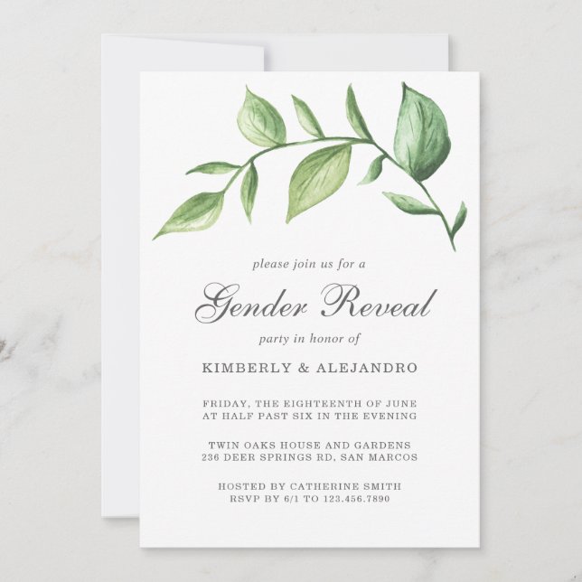 Rustic Watercolor Greenery Sprig Gender Reveal Invitation (Front)