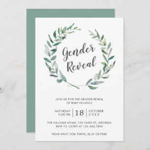 Rustic Watercolor Greenery Wreath Gender Reveal Invitation