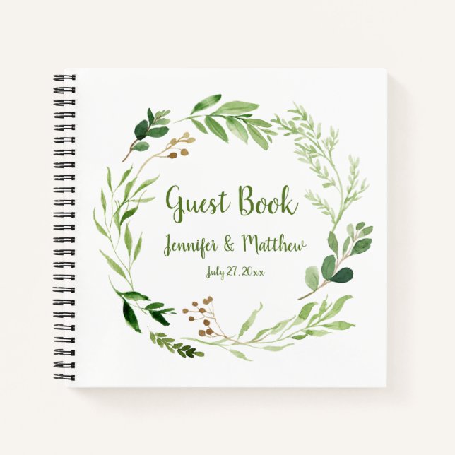 Rustic Watercolor Greenery Wreath Guest Book (Front)