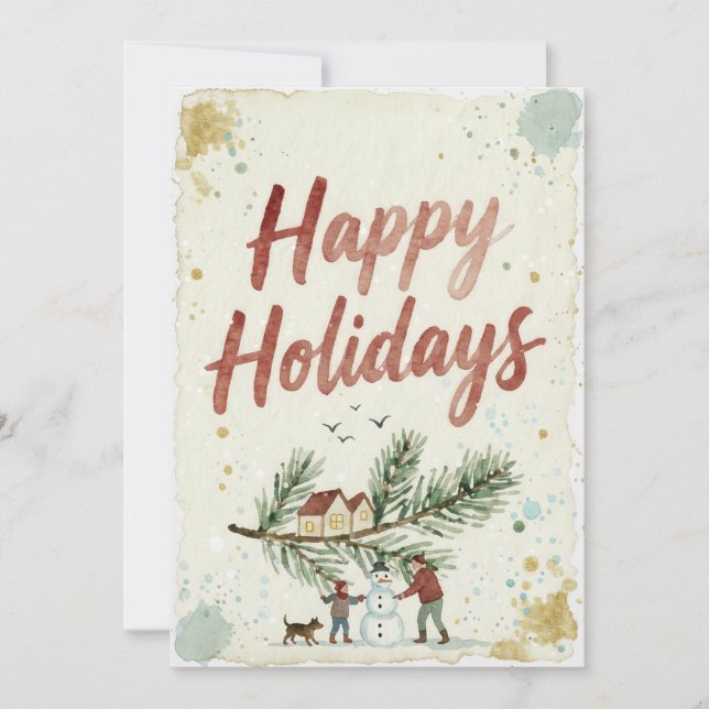 Rustic Watercolor Happy Holidays Winter Scene Card (Front)