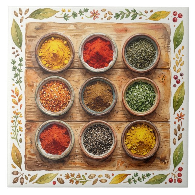 Rustic Watercolor Herbs and Spices Ceramic Tile (Front)