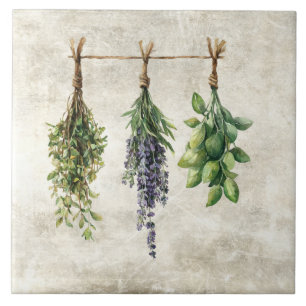 Rustic Watercolor Herbs Flowers Ceramic Tile